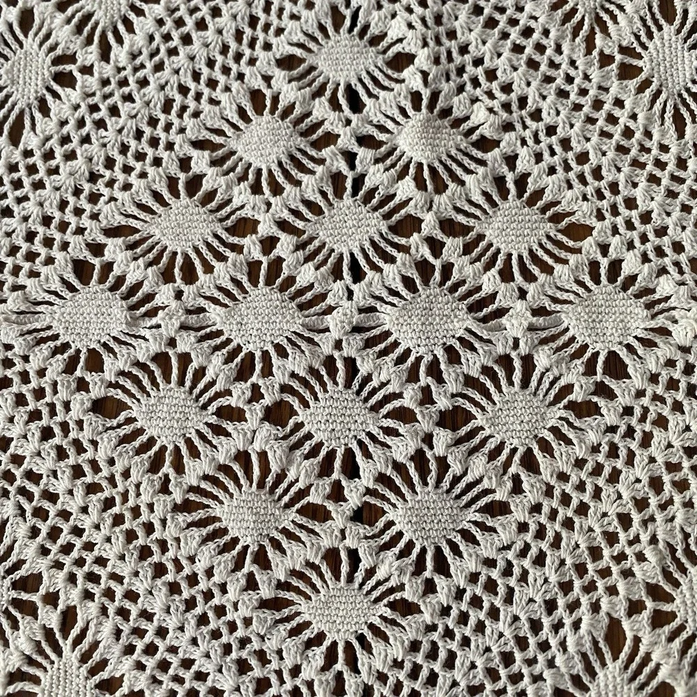 Vintage 60s Handmade Crochet 3D Camelia Tablecloth 60x60